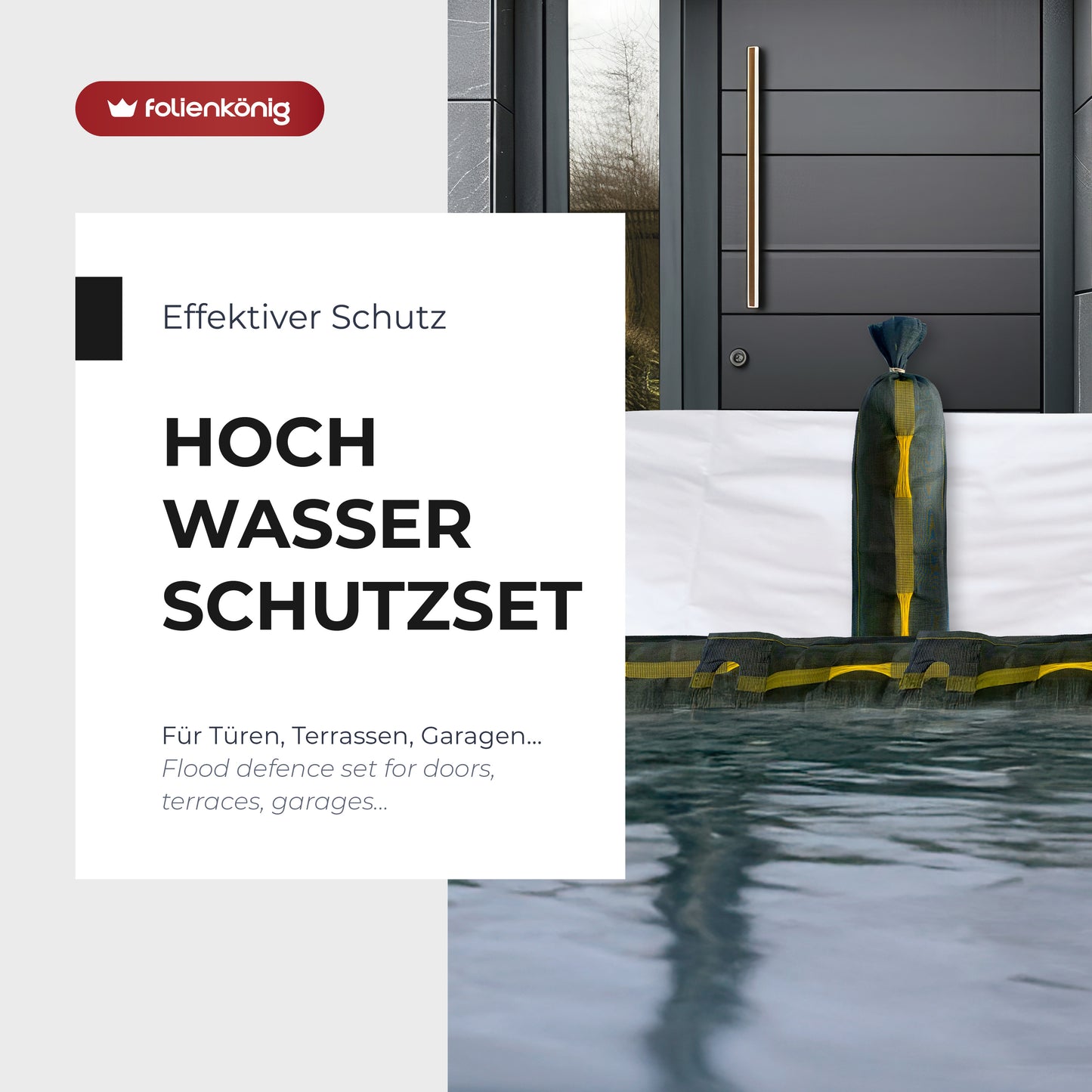 Hochwasserschutz-Set für Türen, Garagen & Lichtschächte – individuell anpassbar | 10 Sandsäcke + 2x2m Folie