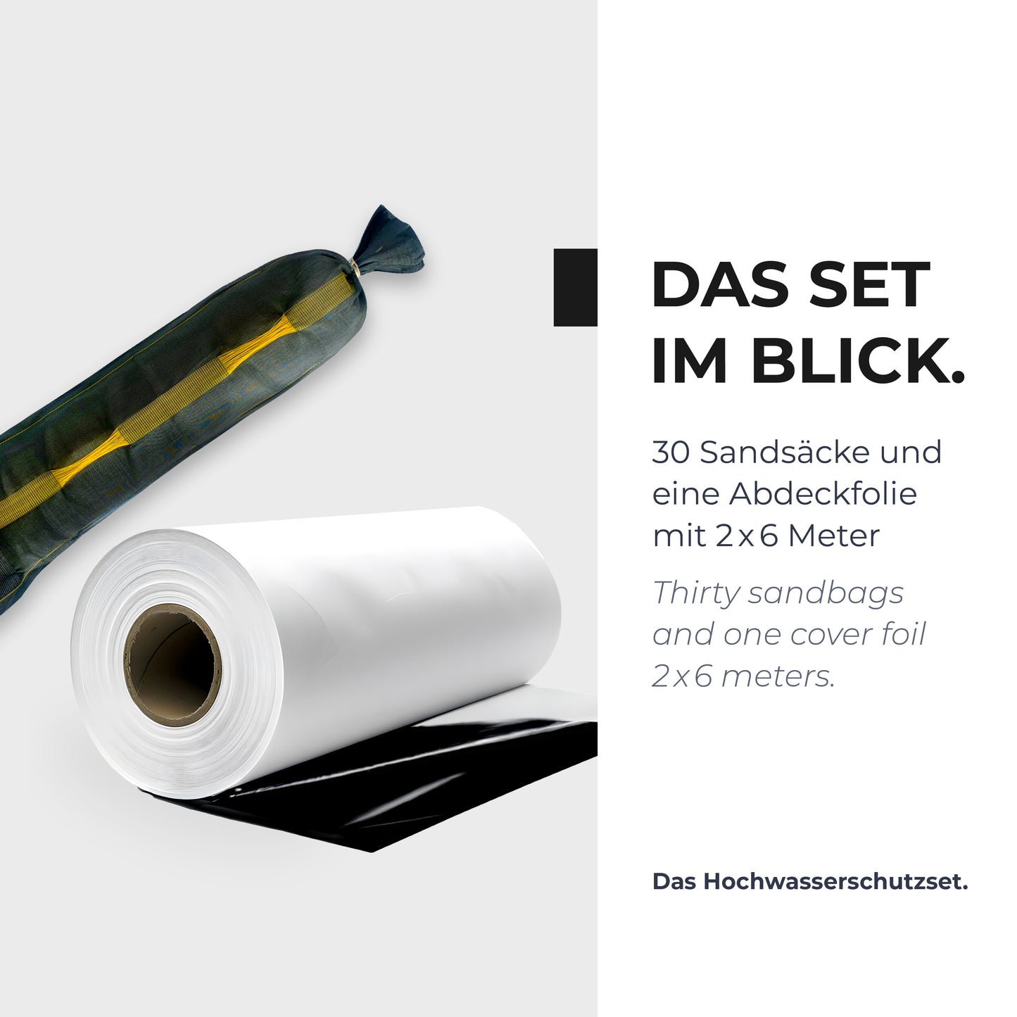 Hochwasserschutz-Set für Türen, Garagen & Lichtschächte – individuell einsetzbar | 30 Sandsäcke + 2x6m Folie