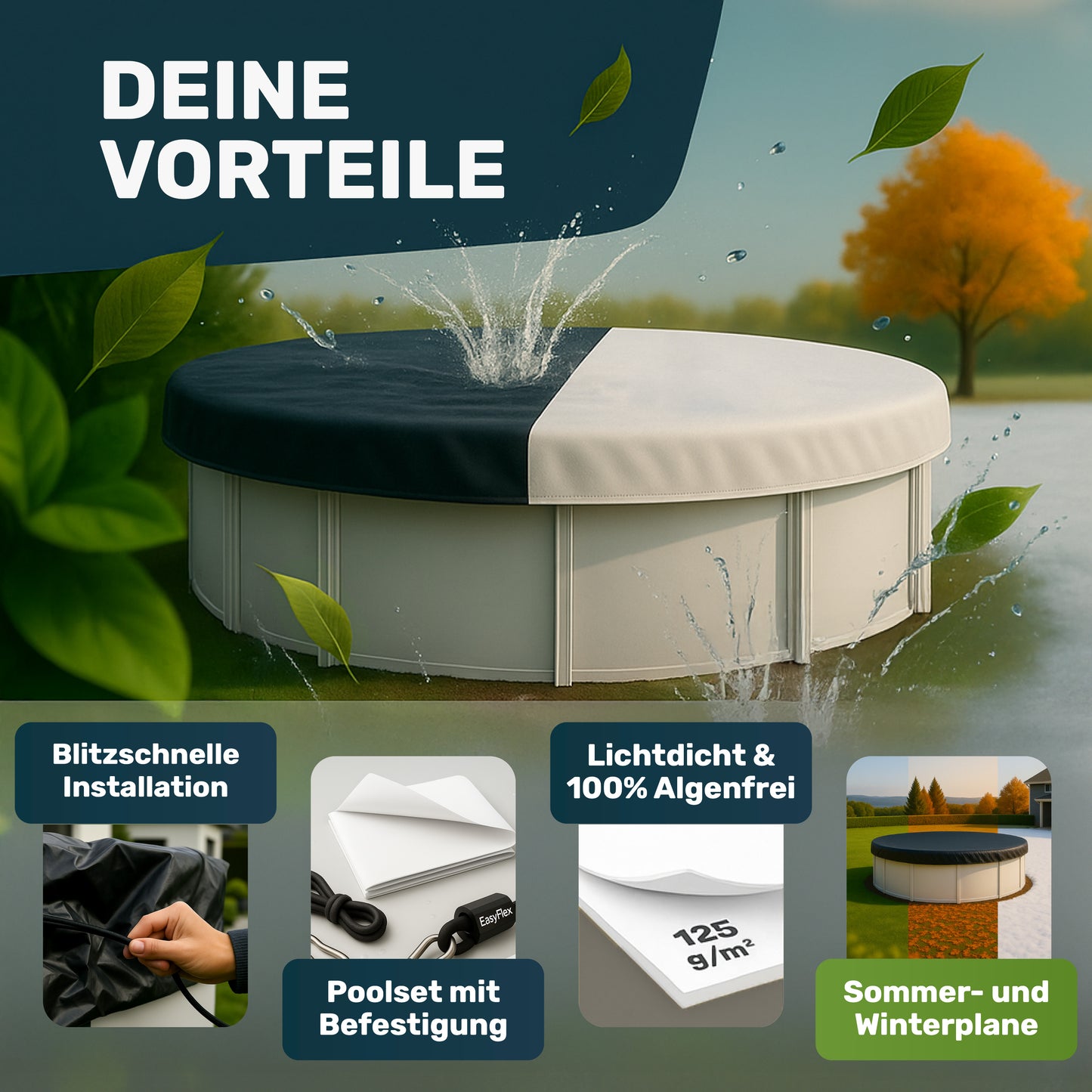 Poolfolie 7×4 m mit EasyFlex®-Verschluss – Poolabdeckung für rechteckige Aufstellpools bis 620×320 cm