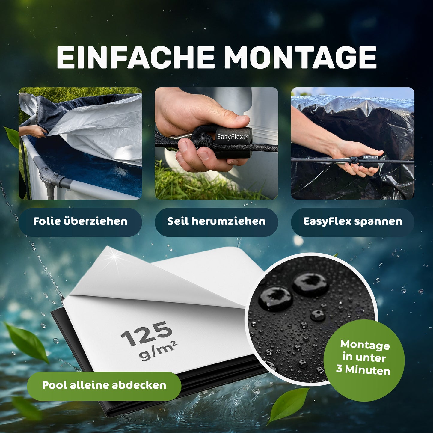 Poolfolie 7×4 m mit EasyFlex®-Verschluss – Poolabdeckung für rechteckige Aufstellpools bis 620×320 cm