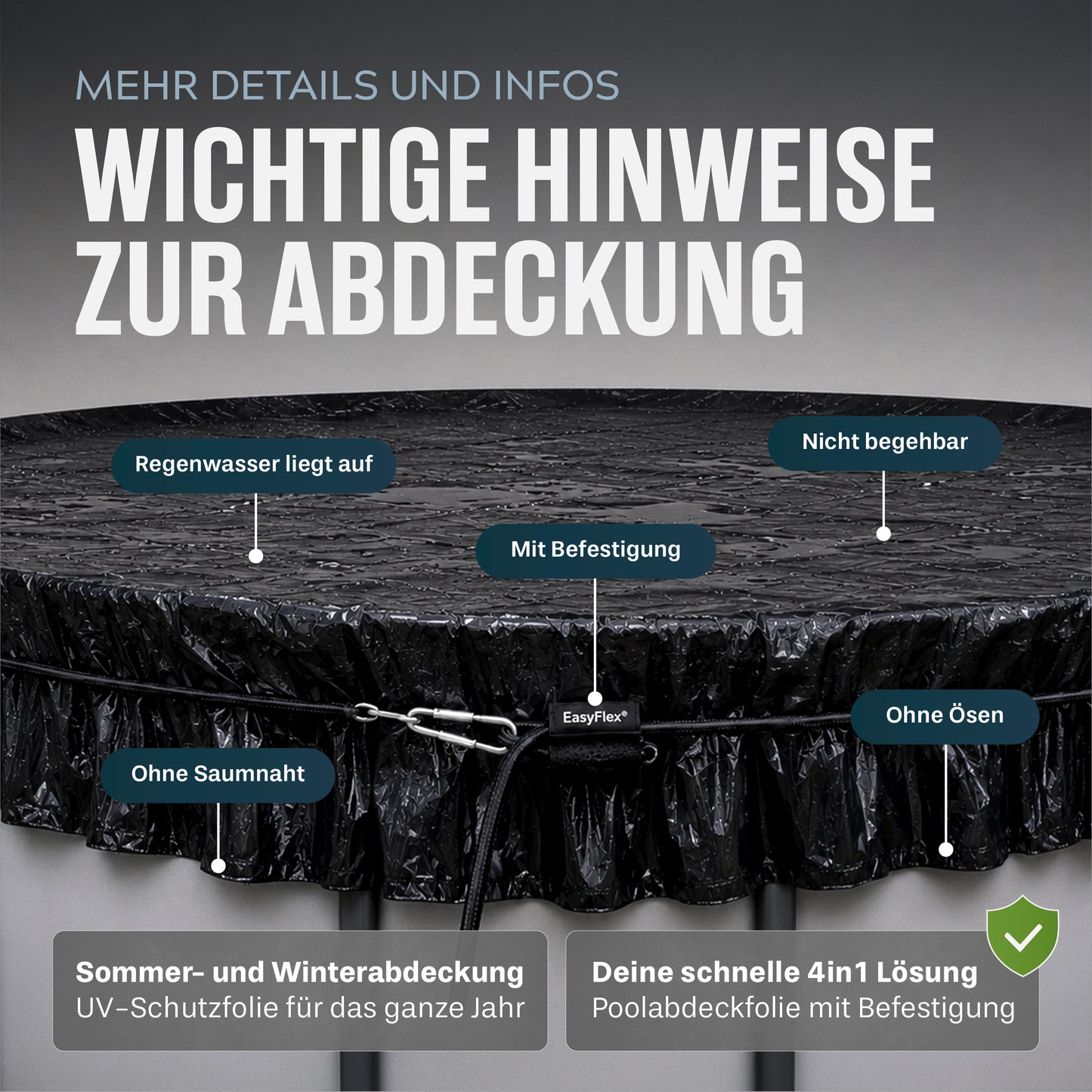 Poolabdeckung 4x4 m mit EasyFlex® für runde Pools bis Ø 320 cm – Algenfrei dank Silofolie