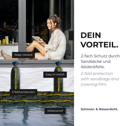 Hochwasserschutz-Set für Türen, Garagen & Lichtschächte – individuell anpassbar | 10 Sandsäcke + 2x2m Folie