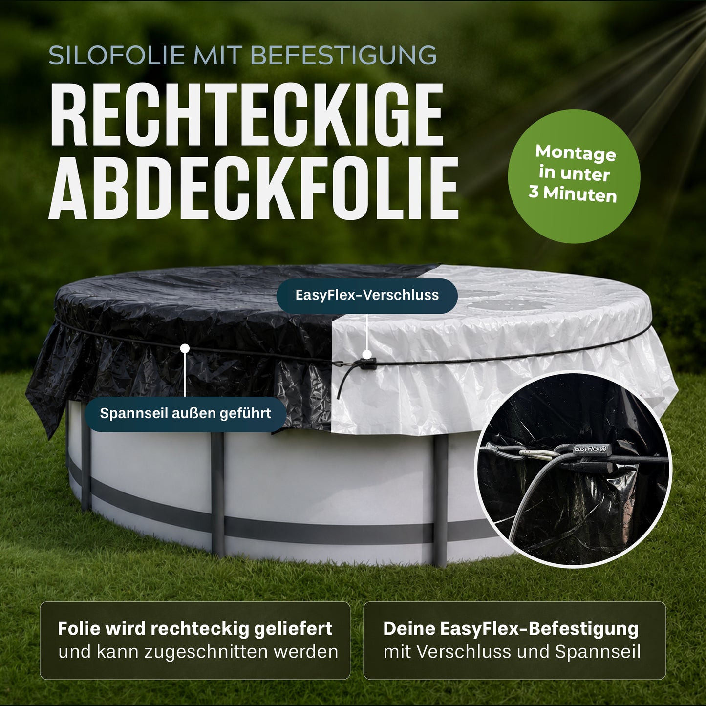 Poolabdeckung 4x3 m – Silofolie mit EasyFlex® für eckige Aufstellpools 320x220cm